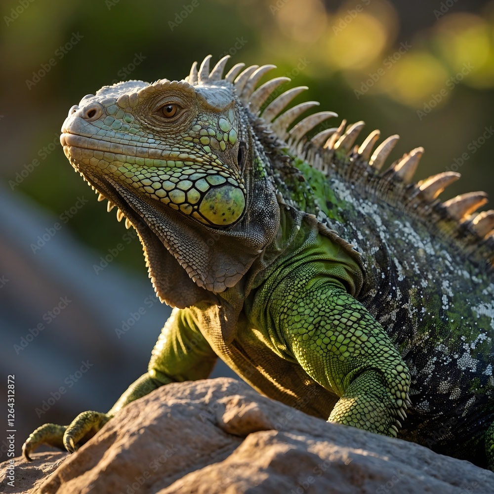 Sun-Kissed Iguana Resting on Rock, Radiating Vibrant Green Scales Sun-Kissed Iguana Resting on Rock, Radiating Vibrant Green Scales