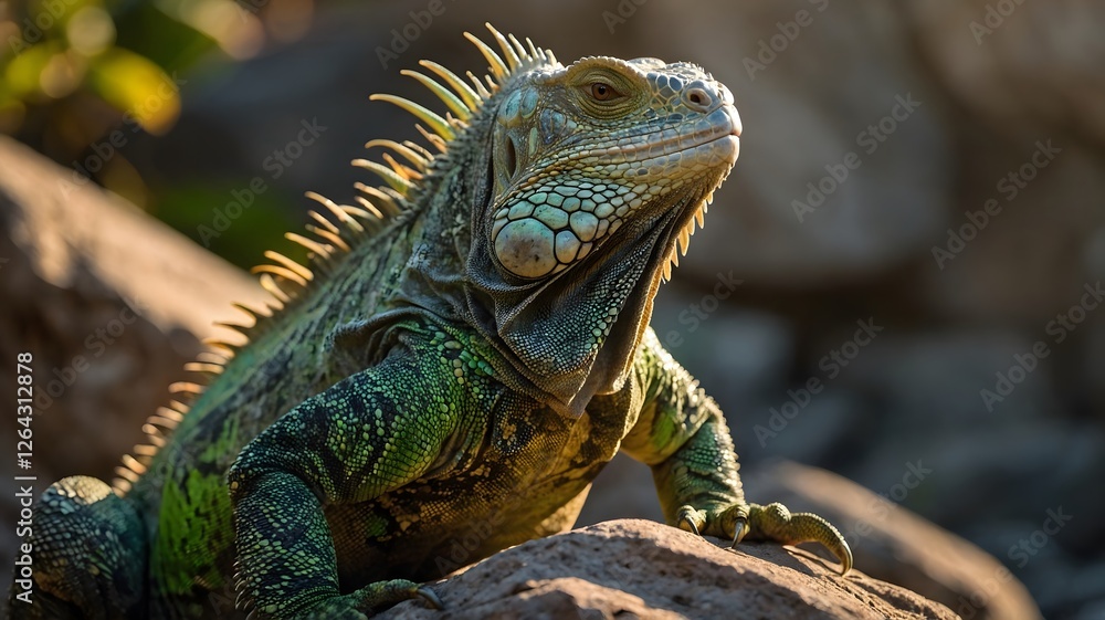 Fototapeta premium Majestic Iguana Basking on Sunlit Rock with Shimmering Green Scales