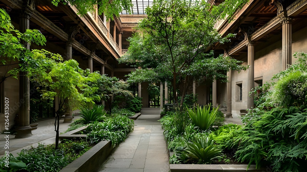 Fototapeta premium Lush Green Courtyard Garden With Stone Path