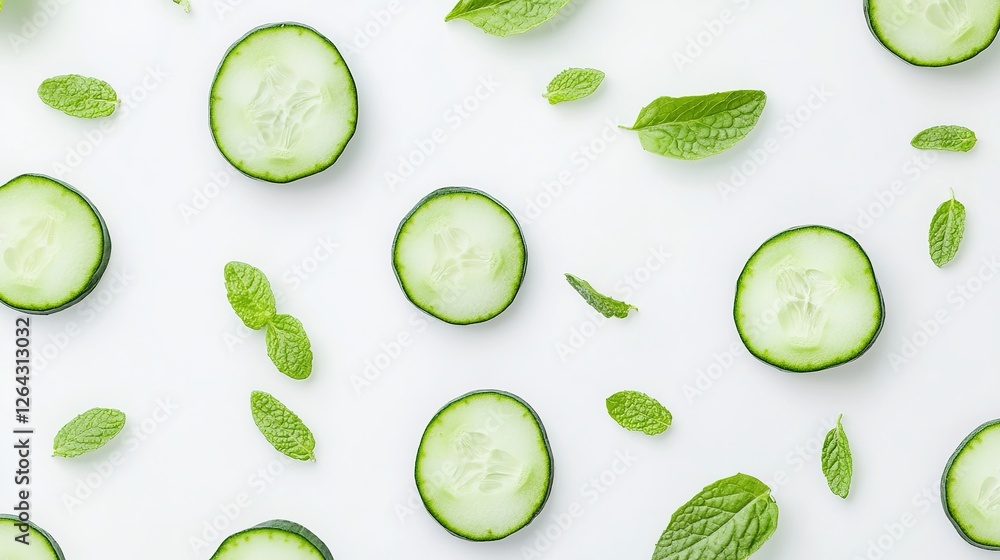 Fresh cucumber slices and whole cucumbers neatly arranged on a clean white background, showcasing their vibrant green color, crisp texture, and natural freshness. Fresh cucumber slices and whole cucumbers neatly arranged on a clean white background, showcasing their vibrant green color, crisp texture, and natural freshness.