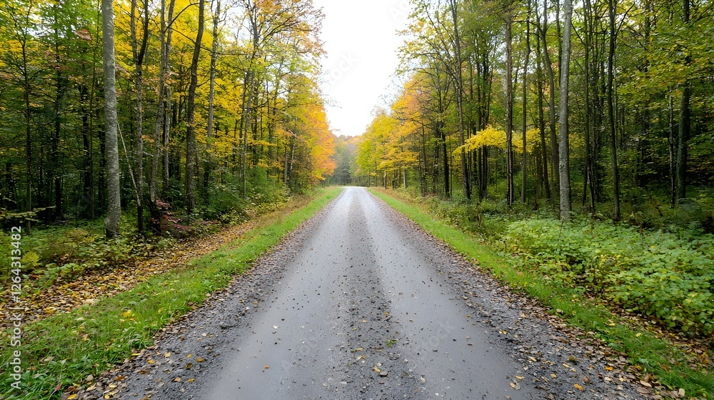 Autumnal Forest Path: A Wet Gravel Road Through Colorful Trees Autumnal Forest Path: A Wet Gravel Road Through Colorful Trees