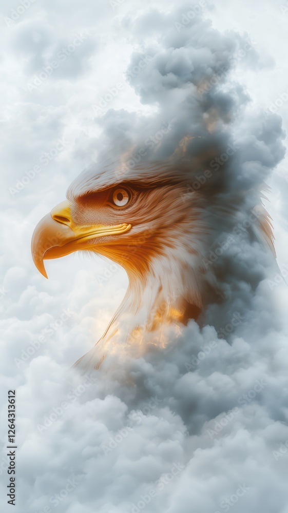 Obraz premium Soaring Vision: An artistic rendering of a majestic eagle, its head and eye piercing through a swirling, cloudy sky, representing freedom and strength.