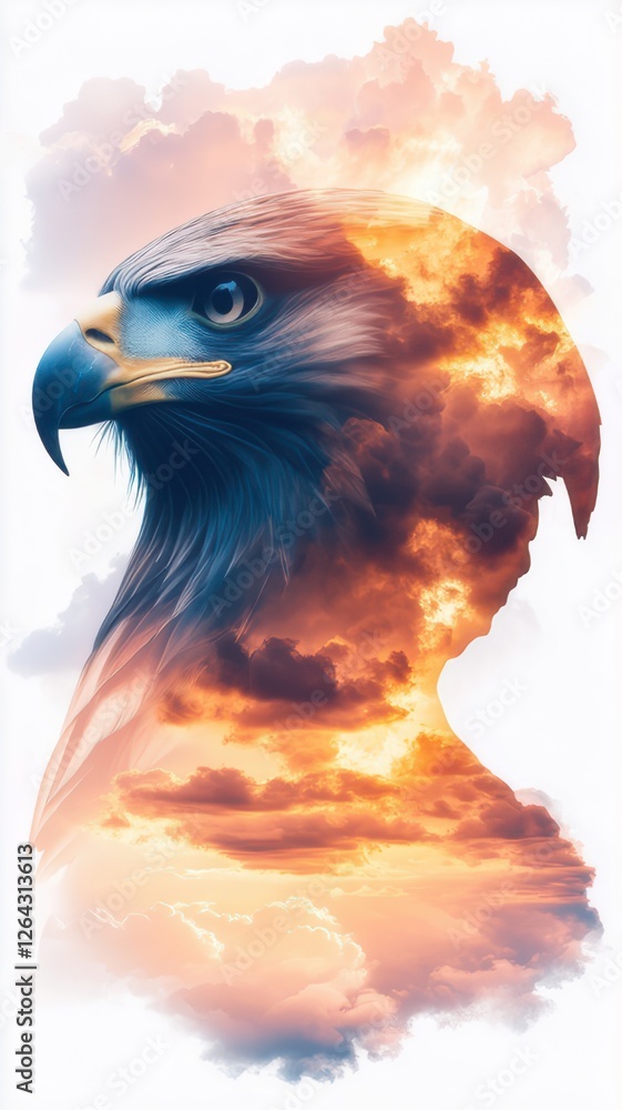 Fototapeta premium Majestic Eagle Soaring: A striking depiction of an eagle's profile set against an artistic canvas of a dreamy cloudscape, combining avian grace with the expansive sky.