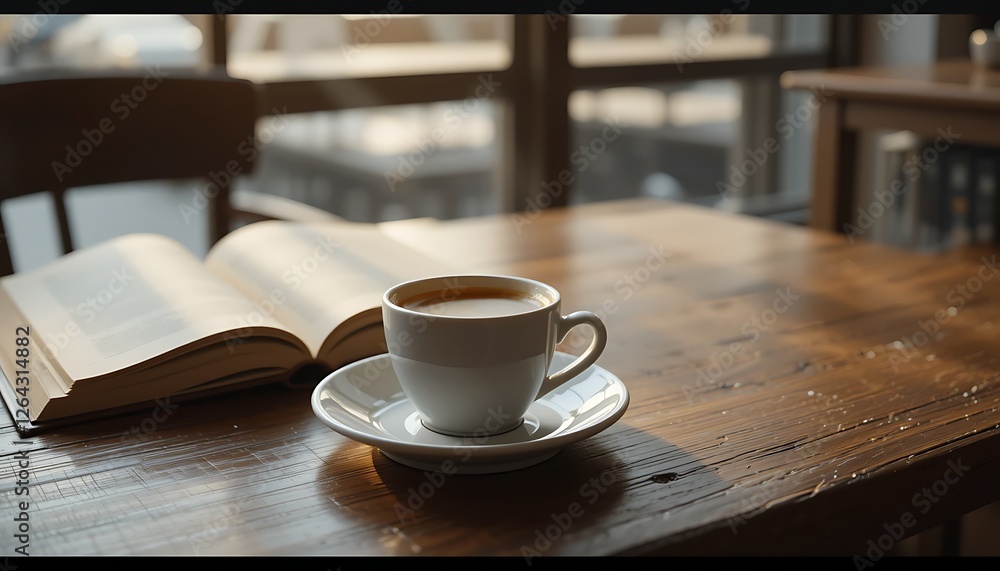 Coffee Cup and Open Book on Wooden Table in Cafe Coffee Cup and Open Book on Wooden Table in Cafe