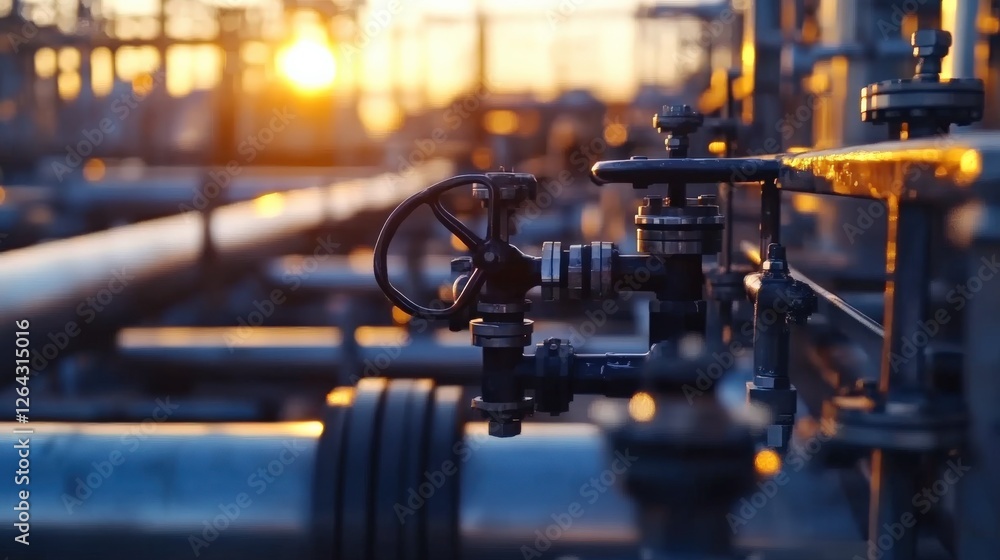 Fototapeta premium Large industrial area multiple pipes valves are arranged district heating