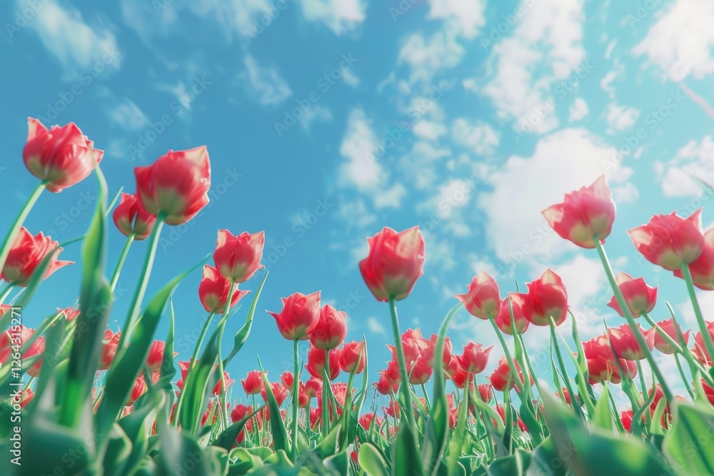 Obraz premium Red blooming tulips sky outdoors blossom.