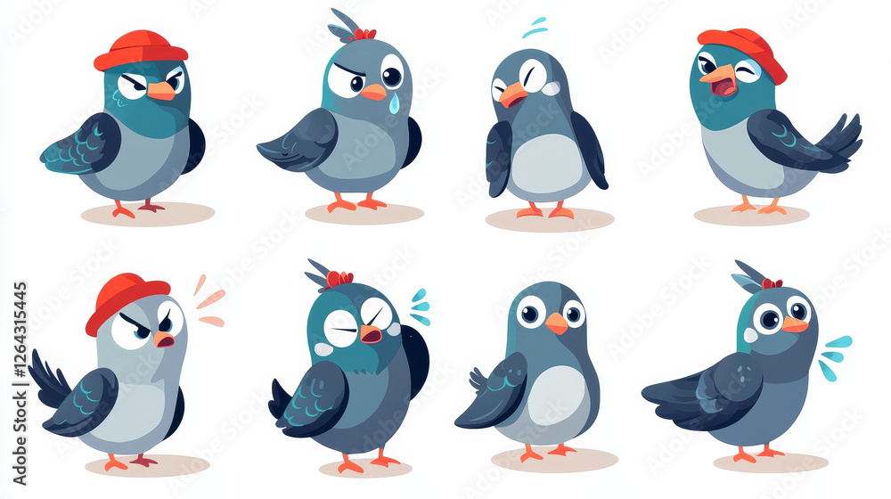 Obraz premium Cute pigeon mascot set with different emotions isolated on white background. Vector cartoon illustration of funny bird character in red hat catching flies, angry with rain, happy, afraid of swimming