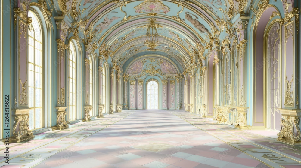 Fototapeta premium Elegant Tapestry Lined Hallway with Ornate Architectural Design