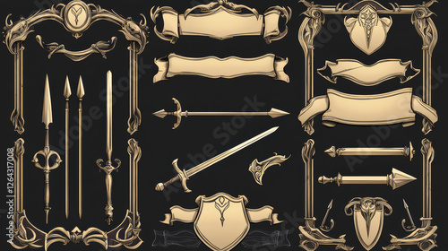 Fantasy frames with medieval weapon for rpg game ui design. Vector cartoon set of empty banners with old gold and silver borders, sword, arrows, horns and flags isolated on black background