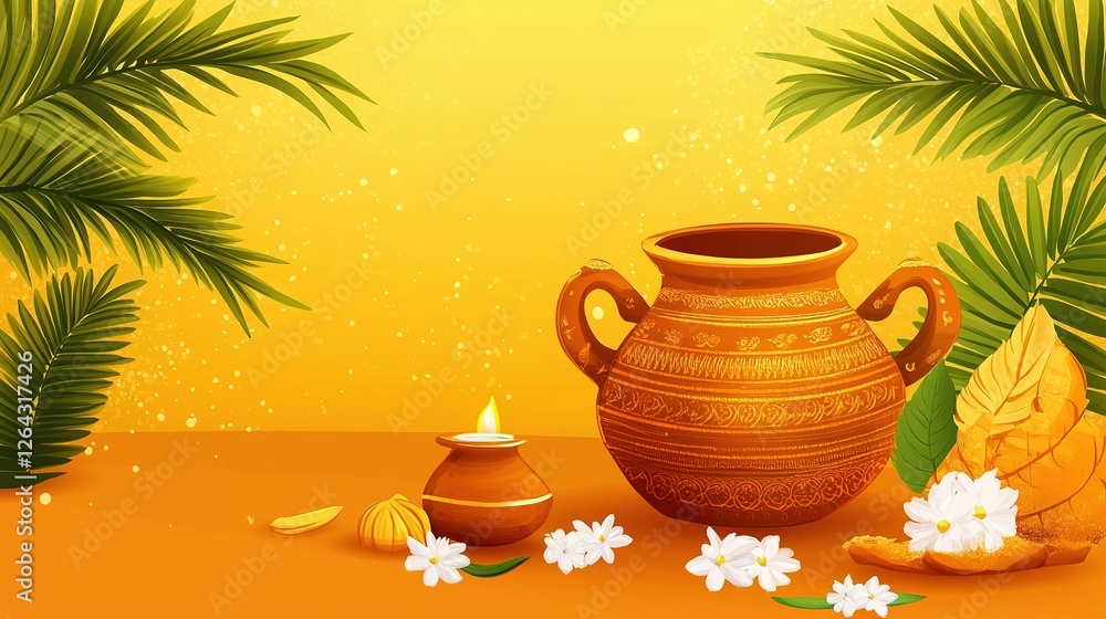 Fototapeta premium Vibrant Pongal festival illustration featuring a traditional clay pot overflowing with rice, symbolizing abundance and prosperity.