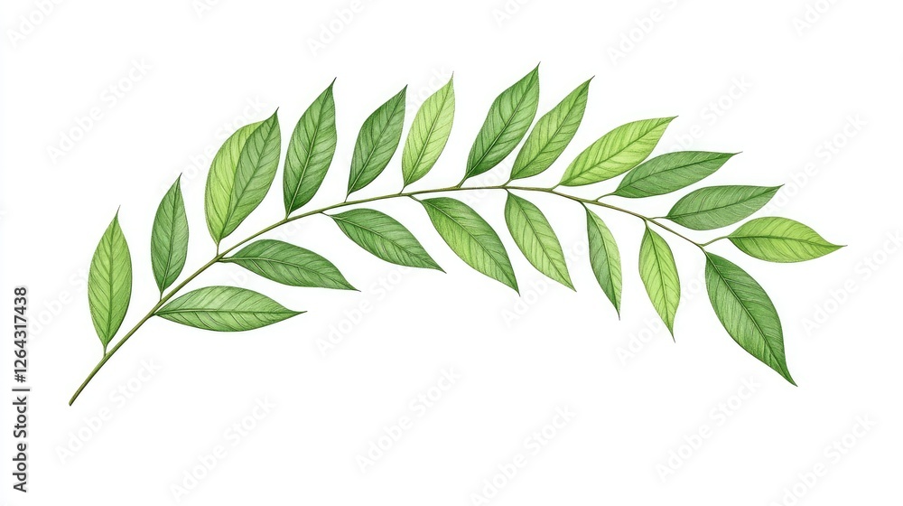 A detailed illustration of a green leaf branch showcasing various shades of green and textures