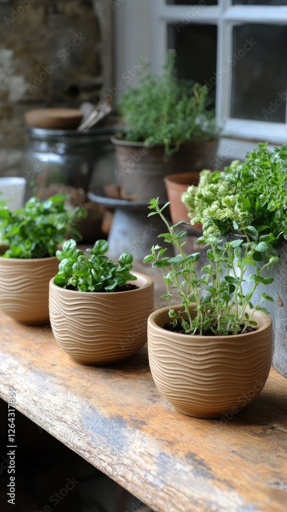Indoor herb garden featuring three potted plants on a rustic wooden shelf with sunlight Indoor herb garden featuring three potted plants on a rustic wooden shelf with sunlight