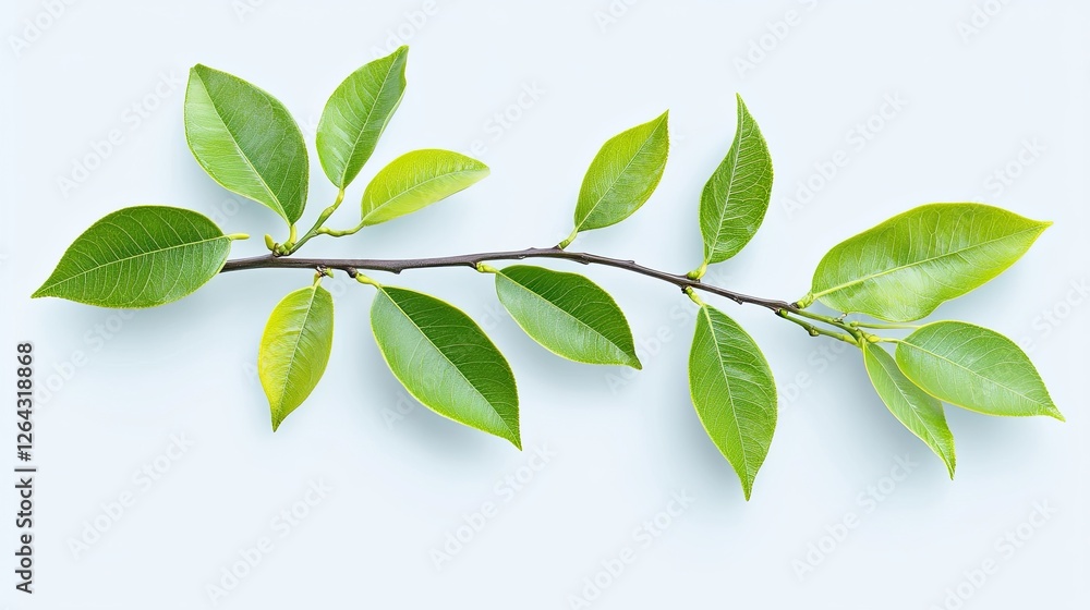 Fresh green leaves on a branch against a light background, showcasing nature's beauty and tranquility