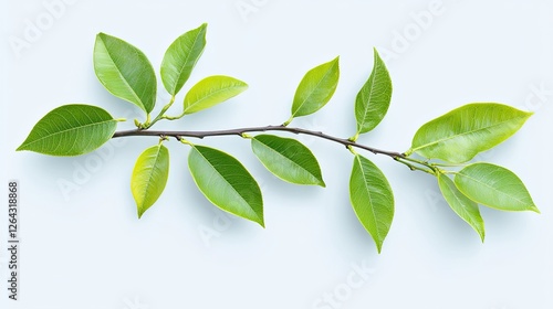Obraz na płótnie Fresh green leaves on a branch against a light background, showcasing nature's beauty and tranquility w salonie