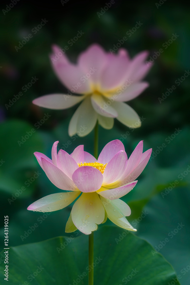 Fototapeta premium Graceful Pink Lotus Flowers in Bloom with Soft Green Background