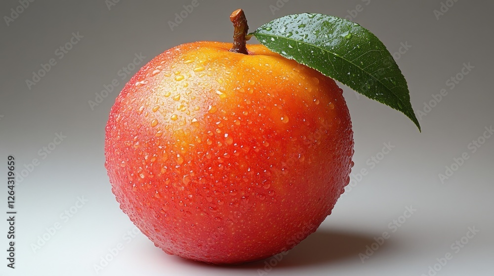 Fresh, glistening apple with droplets on surface, showcasing vibrant color and leaf detail