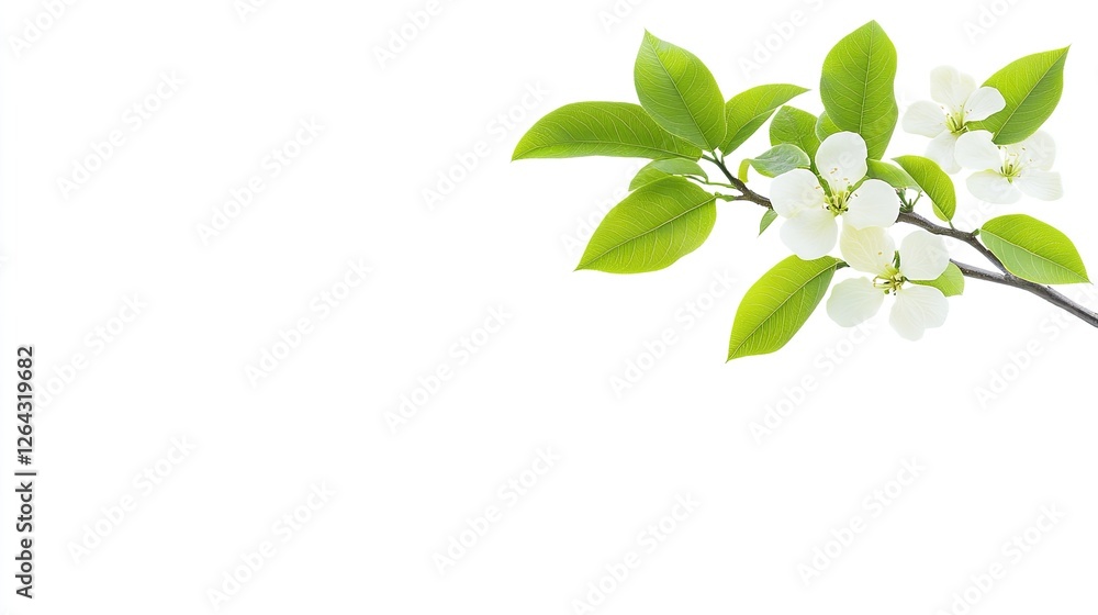 Delicate white flowers on a green branch against a minimalistic white background