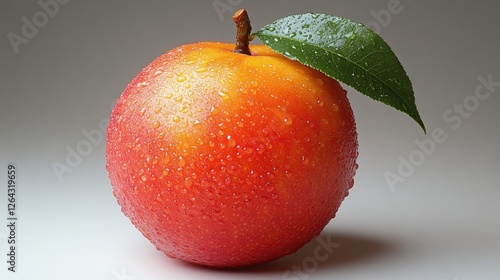 Obraz na płótnie Fresh, glistening apple with droplets on surface, showcasing vibrant color and leaf detail w salonie