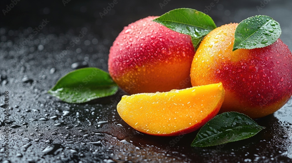 Freshly sliced mangoes with droplets on a dark surface, highlighting their vibrant colors and texture