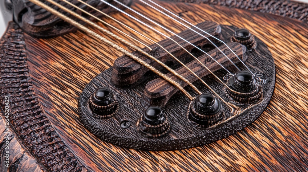 Close-up view of a beautifully crafted wooden guitar showcasing intricate details and textures