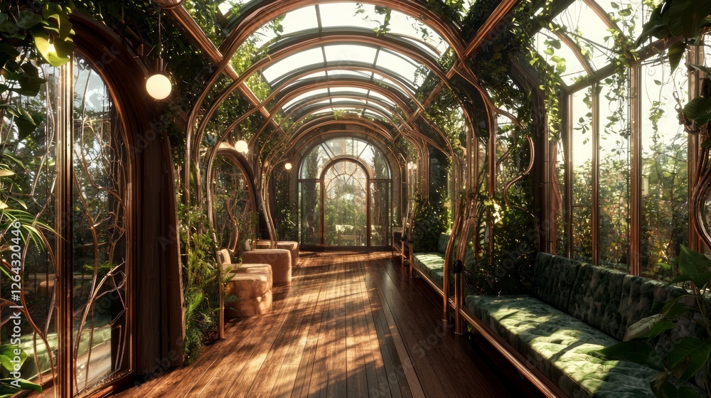 Fototapeta premium Lush Greenhouse Suite with Natural Light and Cozy Seating Areas