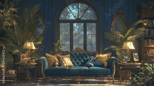 Luxurious blue room, ornate sofa, window view, indoor plants, evening ambiance