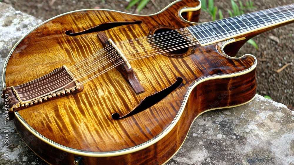 Beautifully crafted wooden guitar resting on a stone surface surrounded by greenery