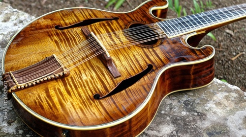 Obraz na płótnie Beautifully crafted wooden guitar resting on a stone surface surrounded by greenery w salonie