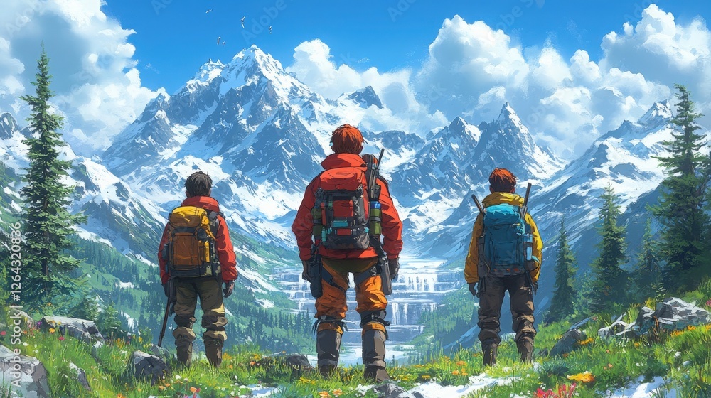 Adventurous Hikers Standing in Awe of Majestic Mountain Landscape Surrounded by Vibrant Nature, Lush Greenery, and Glimmering Snow-Capped Peaks Under a Bright Blue Sky Adventurous Hikers Standing in Awe of Majestic Mountain Landscape Surrounded by Vibrant Nature, Lush Greenery, and Glimmering Snow-Capped Peaks Under a Bright Blue Sky