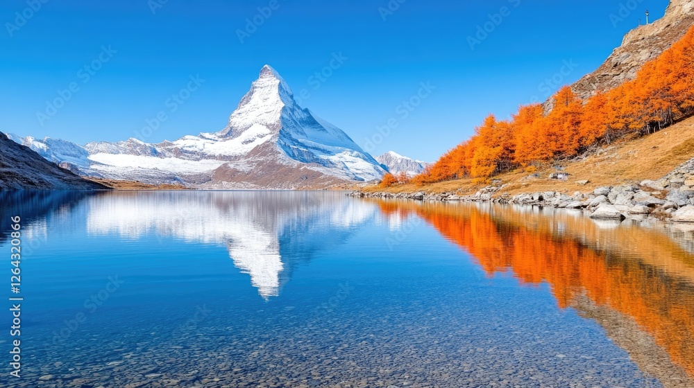 Majestic Matterhorn Mountain Reflected in Serene Lake Surrounded by Autumn Colors