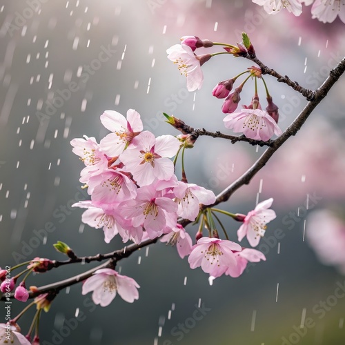 Cherry Blossom Rain Close-up Photography, Soft Pink Petals, Spring Shower, Nature, Flora, Macro Cherry blossoms, Spring rain