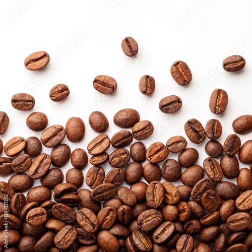 Coffee Beans Cascade High-Angle Close-up Composition, Roasted Coffee, White Background, Food Photography, Caffeine, Beverage Coffee, Beans photo