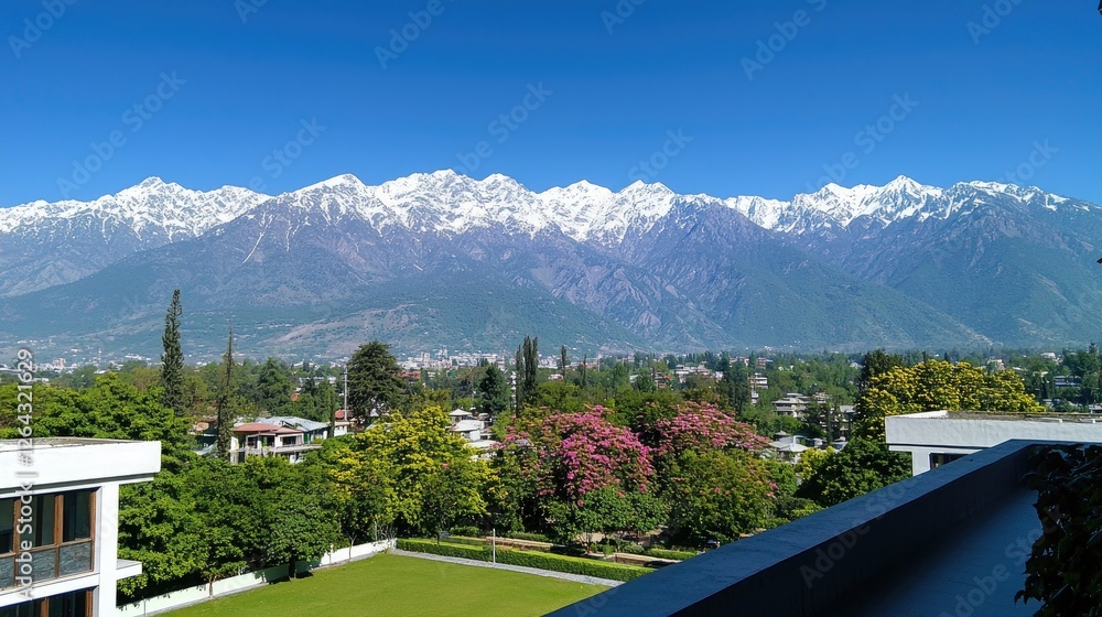 Scenic view of snow-capped mountains with lush greenery and blooming flowers in foreground