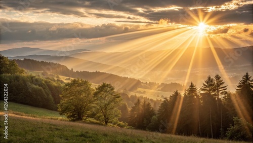 Golden Hour Mountain Landscape Crepuscular Rays, Wide Composition, Sunburst, Nature Photography, landscape photography crepuscular rays, sunburst