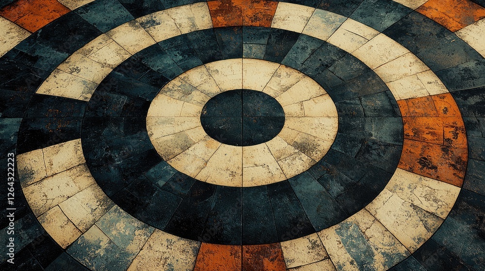 Abstract circular pattern on a textured surface, showcasing vibrant colors and aged finishes Abstract circular pattern on a textured surface, showcasing vibrant colors and aged finishes