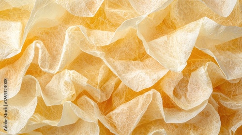 Close-up of textured yellow fabric showcasing intricate folds and layers, ideal for design use