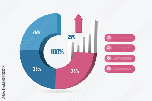 100% 4color pie chart and bar charts divided into 4 equal sections of 25% each for investing infographic designs. Profit sharing of an organization or company, vector 3d illustration isolated