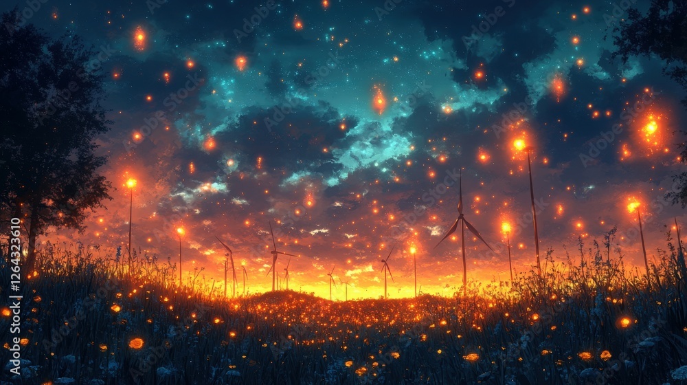 Fototapeta premium Enchanting Sunset Landscape with Floating Lights and Wind Turbines Beneath a Starry Sky Illuminating a Serene Natural Environment