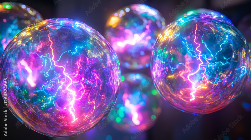 Magic energy balls isolated on transparent background. Vector realistic illustration of neon yellow, blue, pink fortunetelling globes with lightning bolt, electrical discharge, power strike effect Magic energy balls isolated on transparent background. Vector realistic illustration of neon yellow, blue, pink fortunetelling globes with lightning bolt, electrical discharge, power strike effect
