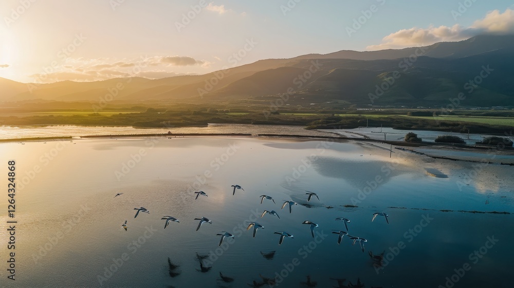 Fototapeta premium A Breathtaking Sunrise Over an Enchanting Landscape with Flying Birds Tranquil Lake Aerial View Serenity and Nature