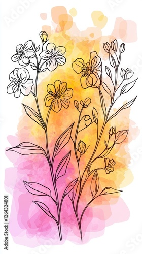 Vibrant watercolor illustration of blooming flowers with delicate outlines and colorful background