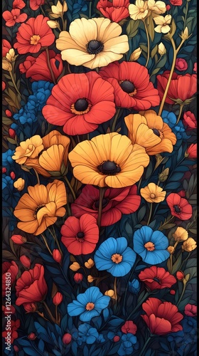 Vibrant floral arrangement featuring red, yellow, and blue flowers against a dark background