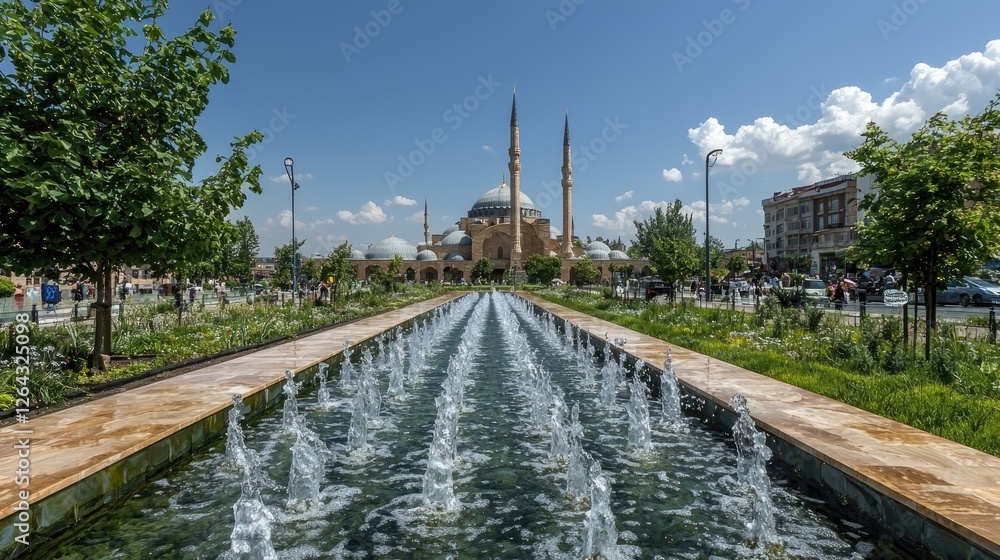 Scenic view of a fountain leading to a grand mosque under a clear blue sky with people enjoying