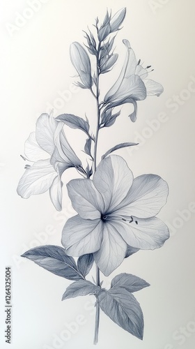 Detailed monochrome illustration of a blooming flower with delicate petals and leaves