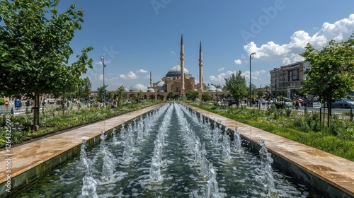 Obraz na płótnie Scenic view of a fountain leading to a grand mosque under a clear blue sky with people enjoying w salonie