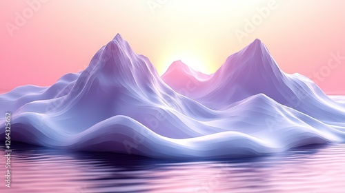 Serene pastel mountain landscape at sunrise reflecting on calm water, evoking tranquility and beauty