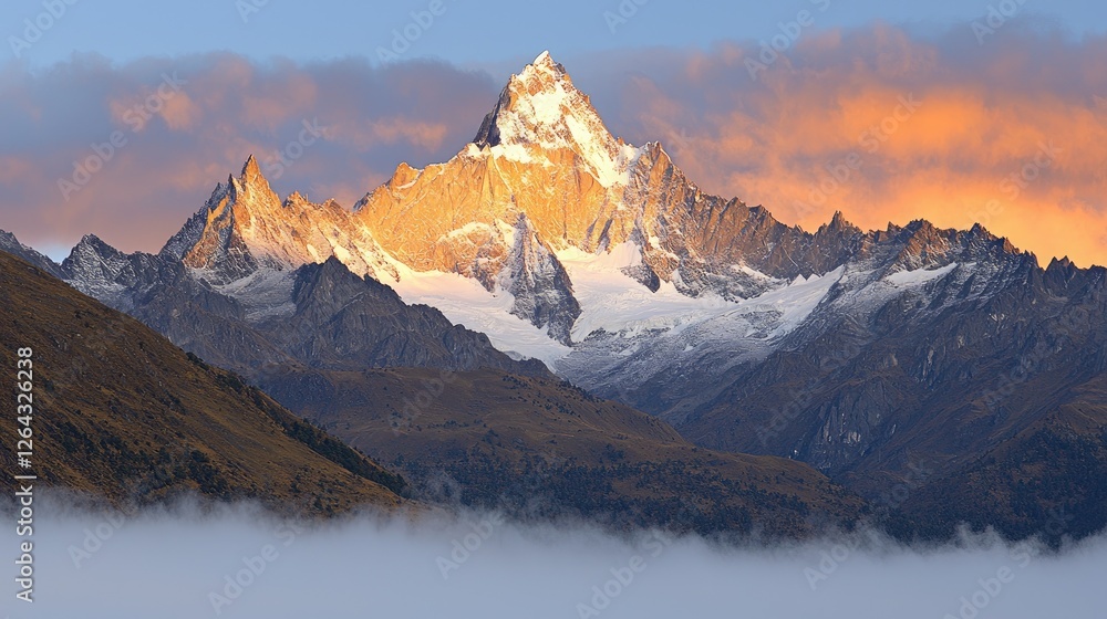 Majestic mountain peak illuminated by sunset, surrounded by clouds and vibrant sky colors