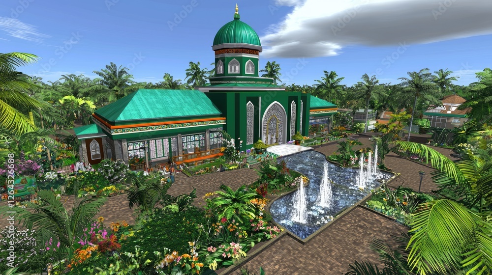 Lush tropical garden featuring a vibrant green building with fountains and palm trees