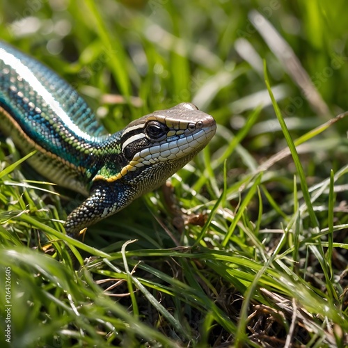 Glimmering Skink Moving Through Meadow Grass Under Bright Sunlight photo