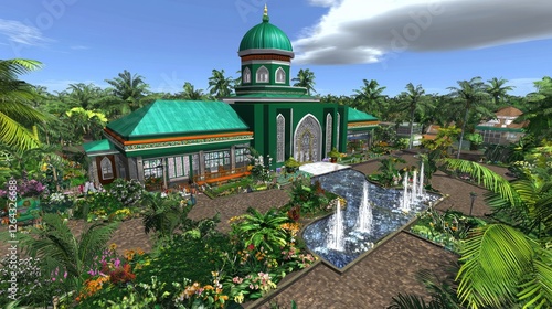 Obraz na płótnie Lush tropical garden featuring a vibrant green building with fountains and palm trees w salonie